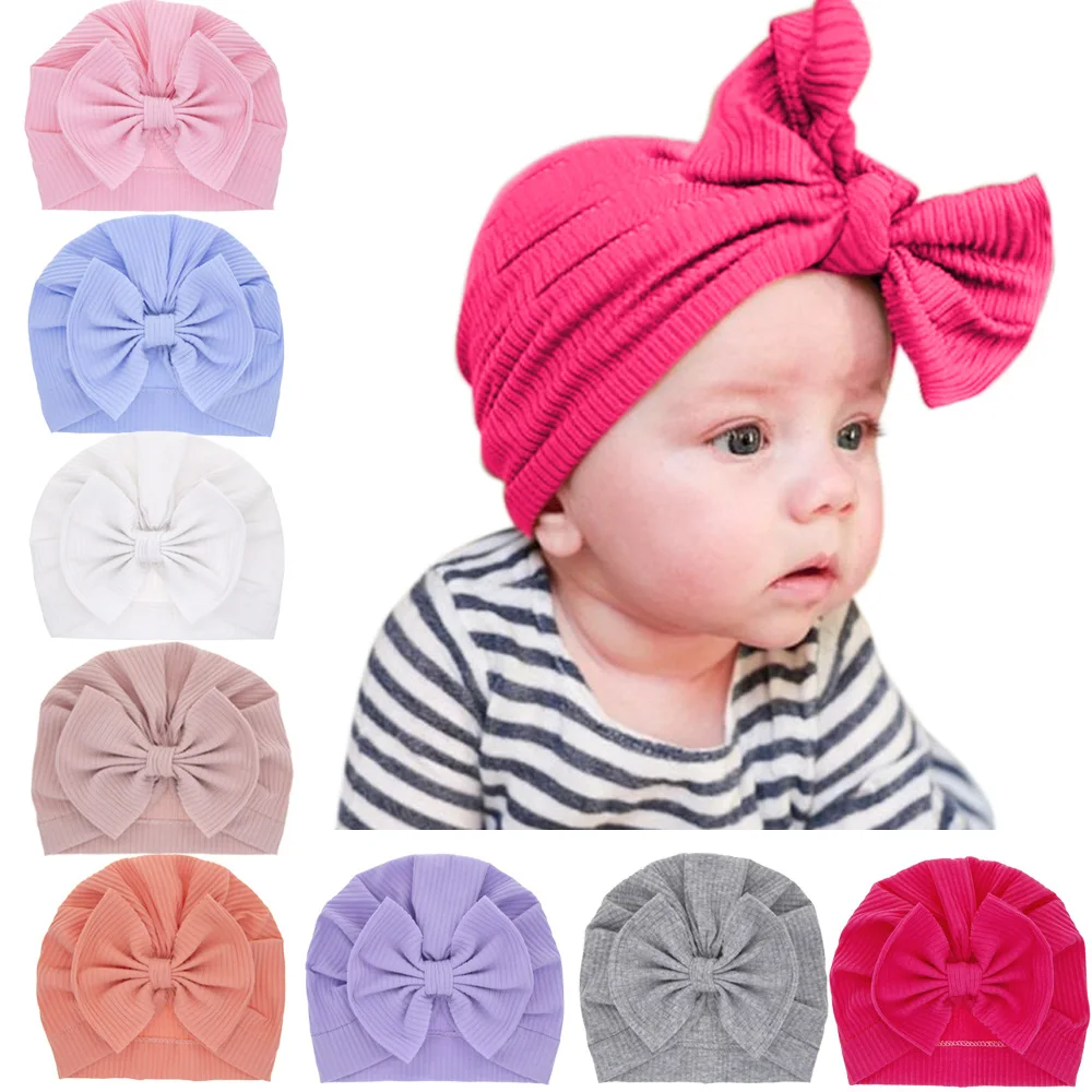 Accessoires Meisje Katoenen Tulband Grote Boog Hoed Peuter Kids Head Wrap Pasgeboren Beanie Solid Kleur Zuigeling Motorkap Cap 0-2T
