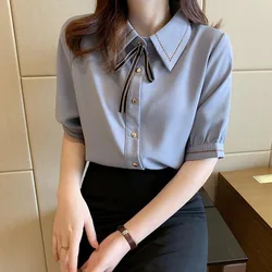 Woman Spring Summer Style Blouses Shirts Lady Casual Short Sleeve Turn-down Collar Blusas Tops G2652