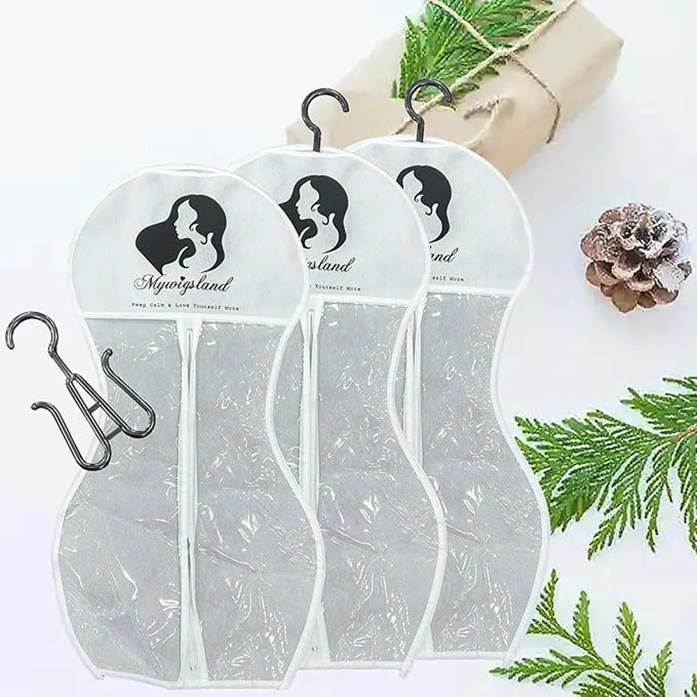

3pcs Premium Wig Storage Bags with Sturdy Metal Hangers - Black Transparent Design for Multiple Wigs & Hair Extensions Hourglass