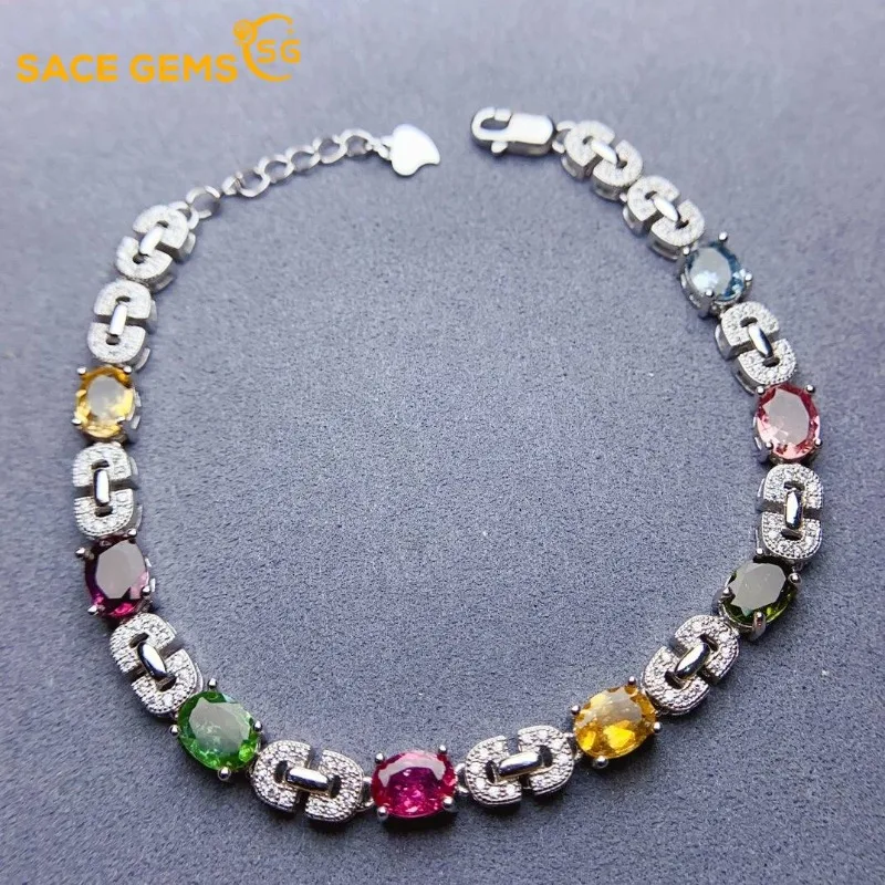 

SACE GEMS New Certified 5*7mm Natural Tourmaline Bracelets 925 Sterling Silver for Women Engagement Party Fine Jewelry Gift