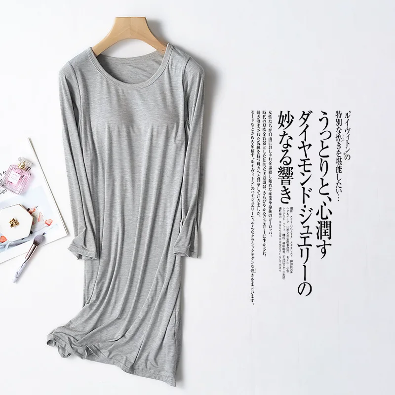 Summer New Ladies' Long Nightdress Women's Full-sleeved Skirt with Chest Pad, Mid-length Plus Size Home Loungewear Nightdress 3