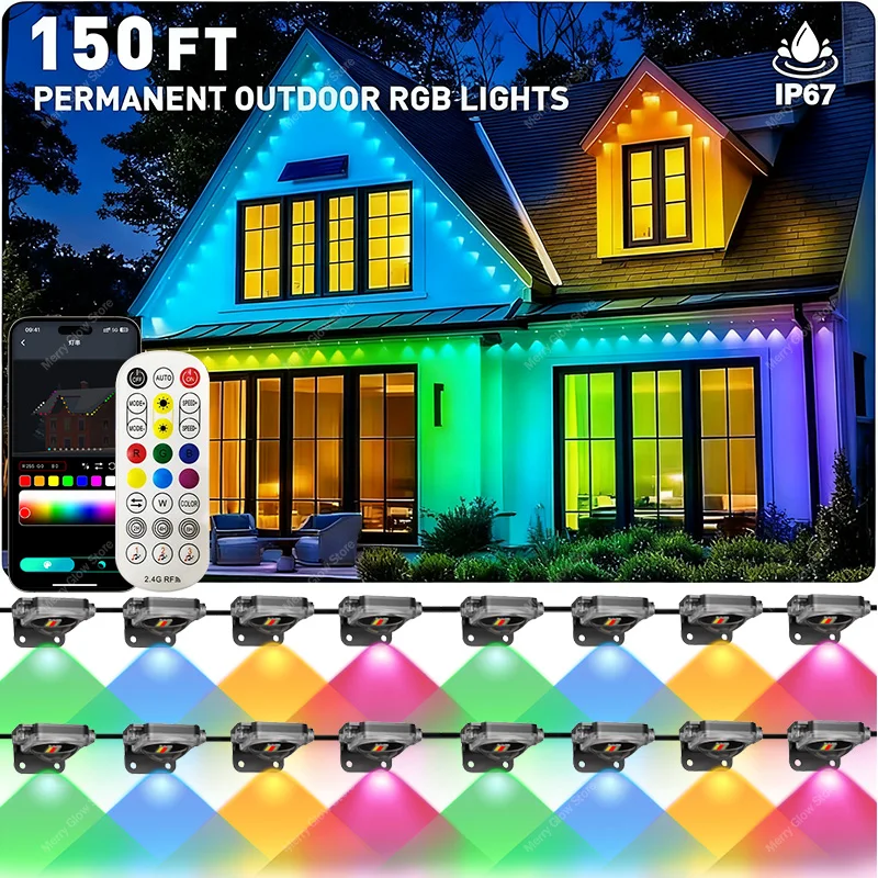 

Постоянные уличные умные фонари карниза 150 футов 90 светодиодов с управлением через приложение RGBIC гирлянды с пультом дистанционного управления для домашних рождественских вечеринок и мероприятий