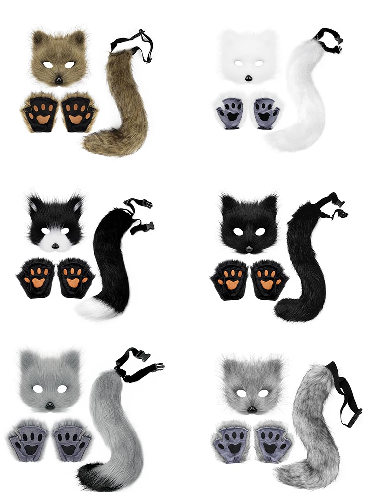 Fox Cat Ears Headwear Fluffy Animal Ears Headband Ears Hair Hoop and Tail Set for Halloween Party Cosplay Accessories