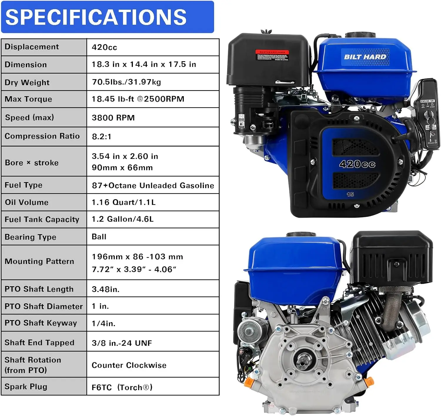 420cc 15HP Gas Engine with Electric Start Horizontal Shaft 4 Stroke OHV Gas Motor Gas Powered Multi-Use Engine