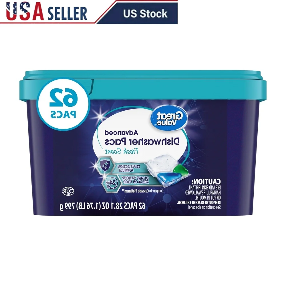 Paquetes de lavavajillas automático avanzado, 62 unidades, aroma fresco, fórmula de triple acción, resistente a las manchas de grasa, residuos, sin preenjuague, seguro