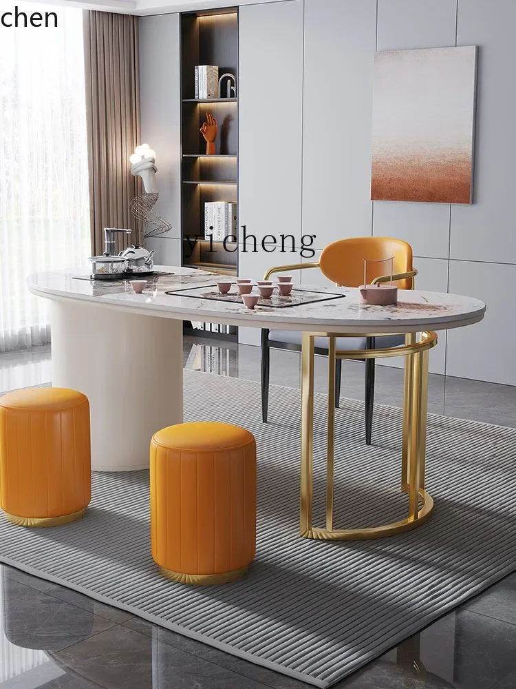 HXL Tea Table and Chair Set One Table Five Chairs Tea Room Reception Area Kung Fu Tea Table Kettle Integrated