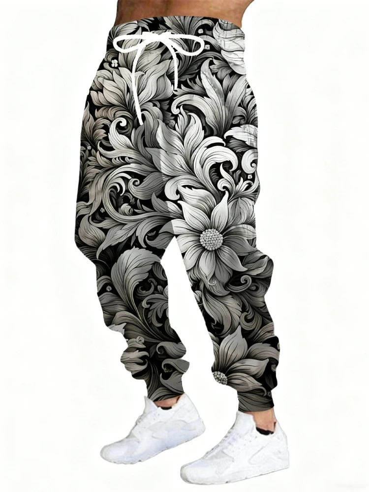 

New Men's 3D Flower Print Casual Pants Outdoor Breathable Athletic Pants Stylish Drawstring Streetwear Trousers Mens Cuffed Pant