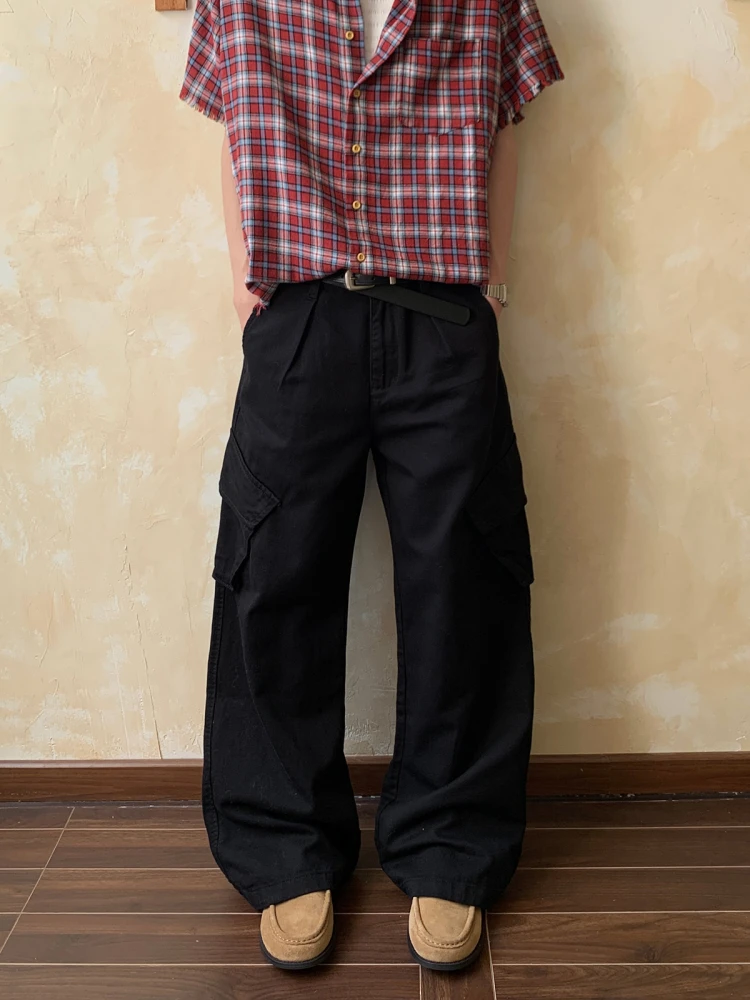 

Oalin American Retro Pleated Slant ket Work Trousers Men CleanFit Loose Straight Leg Cumbersome Feel Cotton Casual Pants