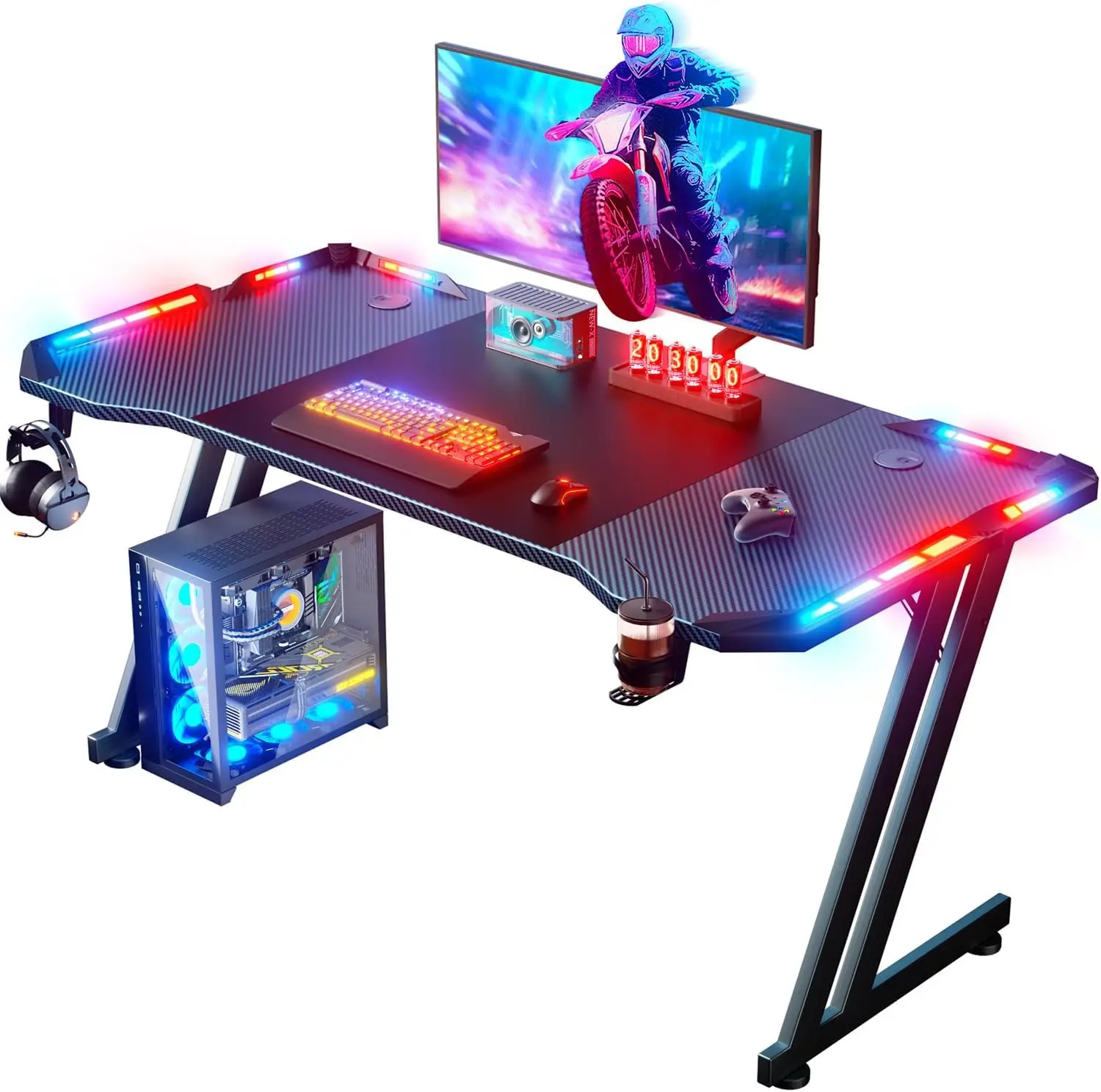 

Gaming Desk with LED Lights 47 Inch Large Gamer Table for PC Ergonomic Carbon Fibre Surface Computer Workstation