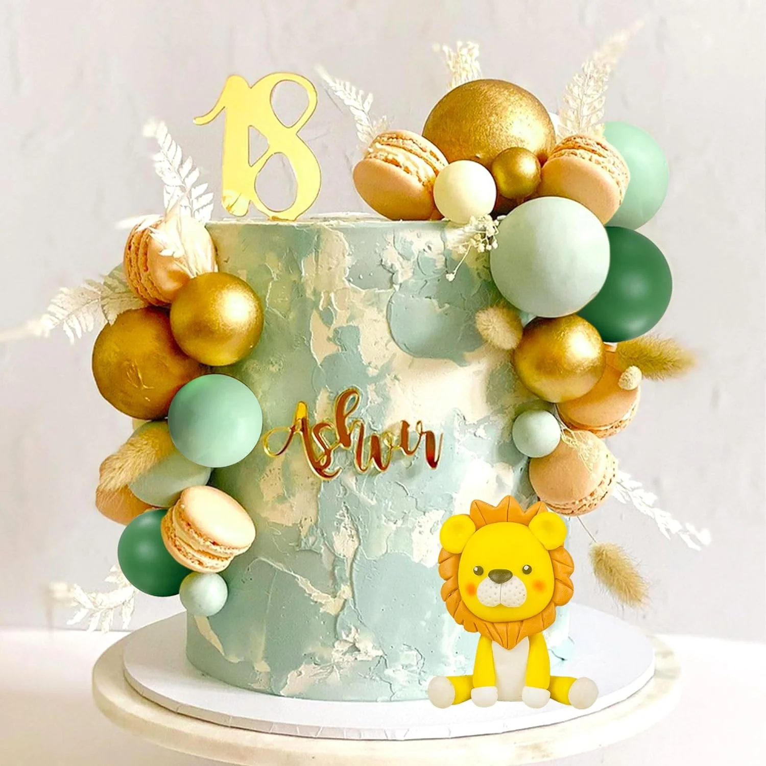 21pcs Lion Cake Topper Sage Green Cake Topper Balls for Wild One Birthday Cake Decoration Jungle Theme Baby Shower Decoration
