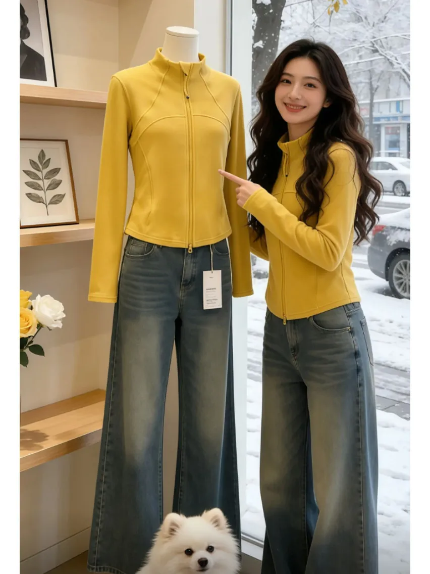 

Ele Yellow Zipper Slim Fit Long Sve T-irt Women's Winter Faion High Waist Cleanfit Sle Casual Wear Comfortable S...