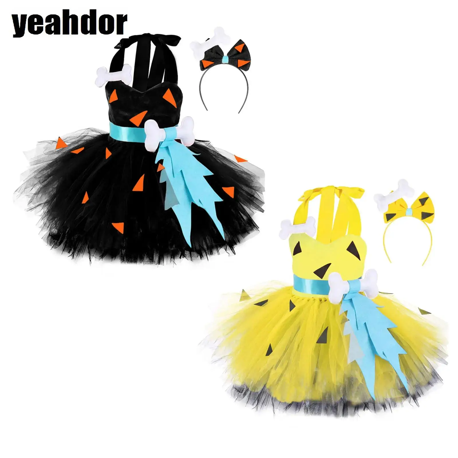 

Pebbles Costume Girls Halloween Cosplay Caveman Stone Age Costume Cavegirl Dress Halter Neck Bone Puffy Tutu Dress with Headwear