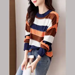 Fashion Striped Patchwork Knitted Jumpers Female Clothing Autumn Winter Korean Loose Casual Contrasting Colors O-Neck Sweaters