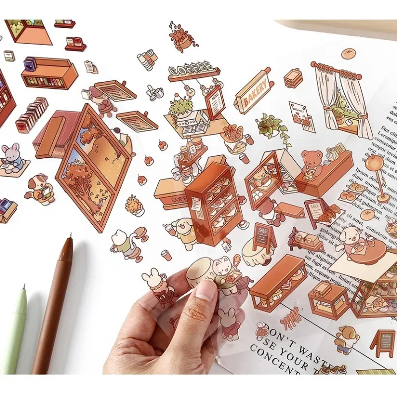 4 Packs/bag Cartoon 3D Landscaping Mini Stickers Cute Stores Scence Pocket DIY Stickers Attention Training Gift Scrapbooking