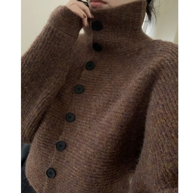 FL-suéter a rayas para mujer, Vintage, cuello alto, moda coreana, botón de punto, cárdigan holgado de talla grande, Top de manga larga, novedad de 2026