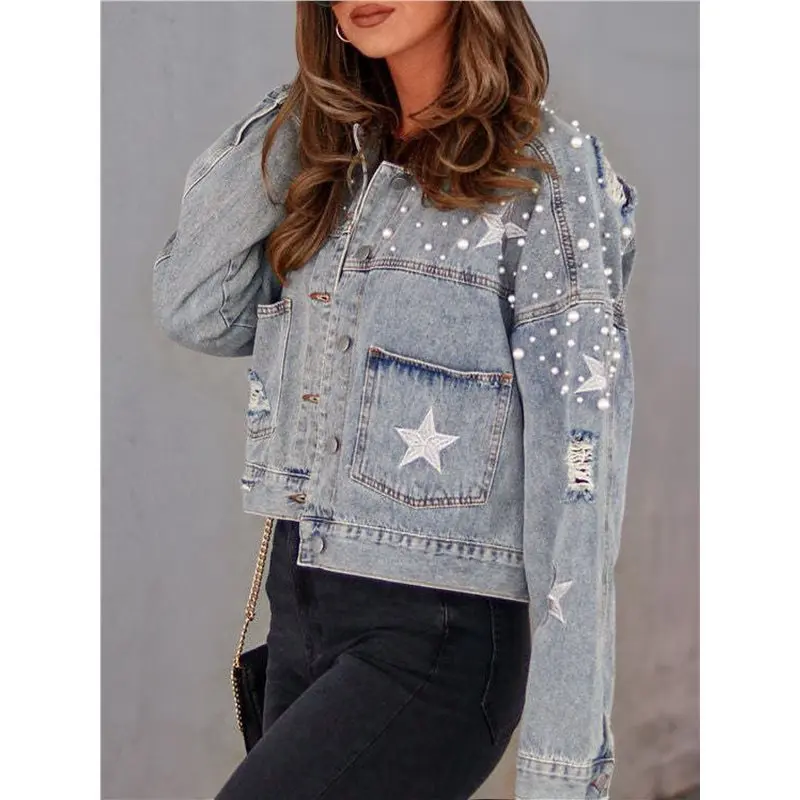 【КОМПЛЕКТЫ】Женская укороченная джинсовая куртка с бисером, рваная джинсовая куртка с вышивкой звезд, пальто