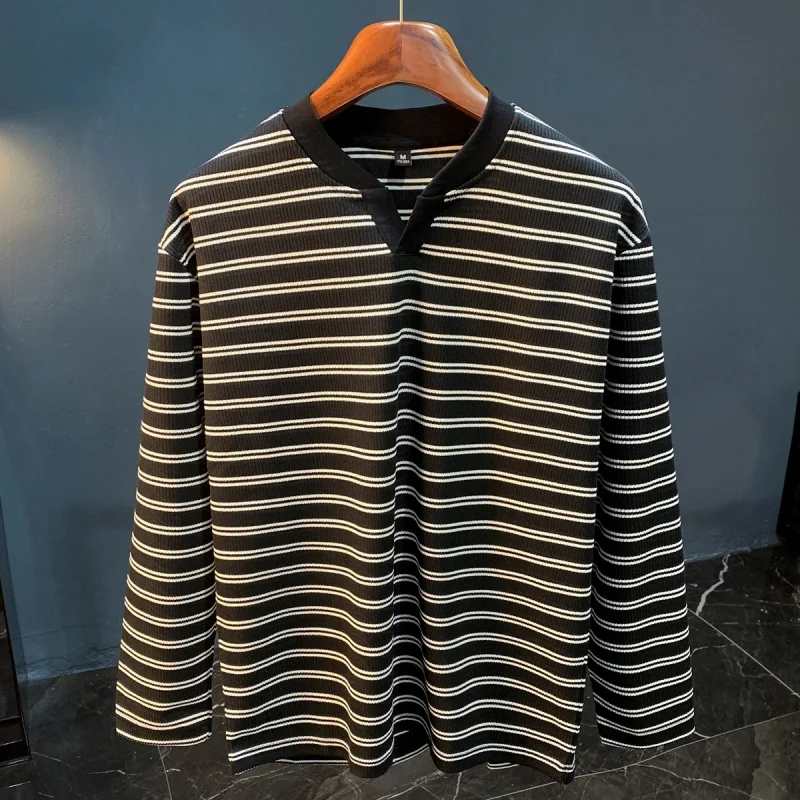 

Striped long sleeved-shirt men, autumn retro casual small casual Korean edition plus size knitted sweater men