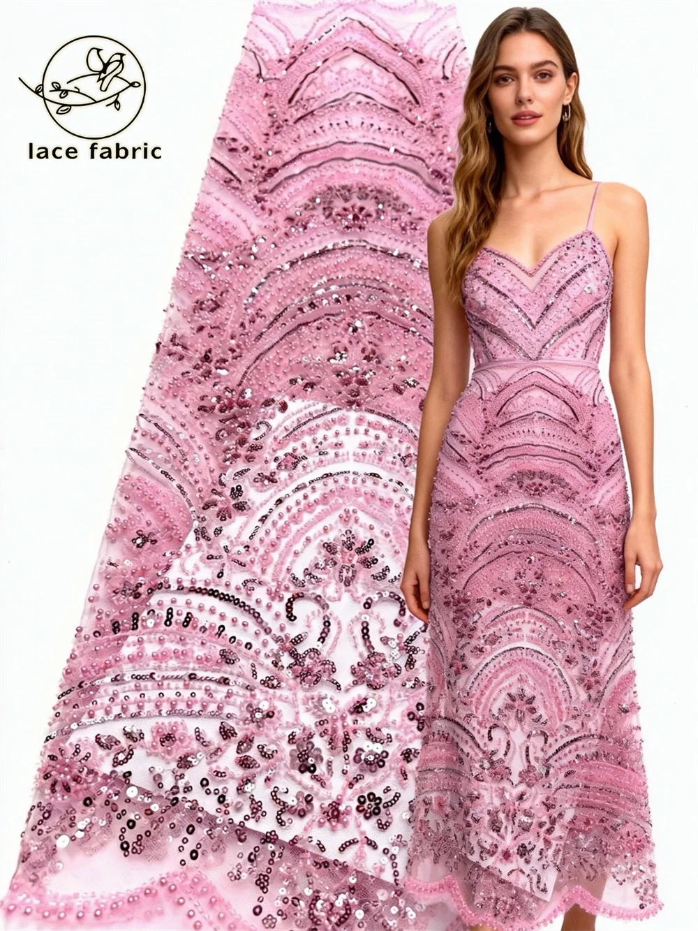 

Pink African Sequence Lace Fabric 2026 High Quality Sequins Lace Embroidery Beaded Mesh Fabric For Women Wedding Party Dresses