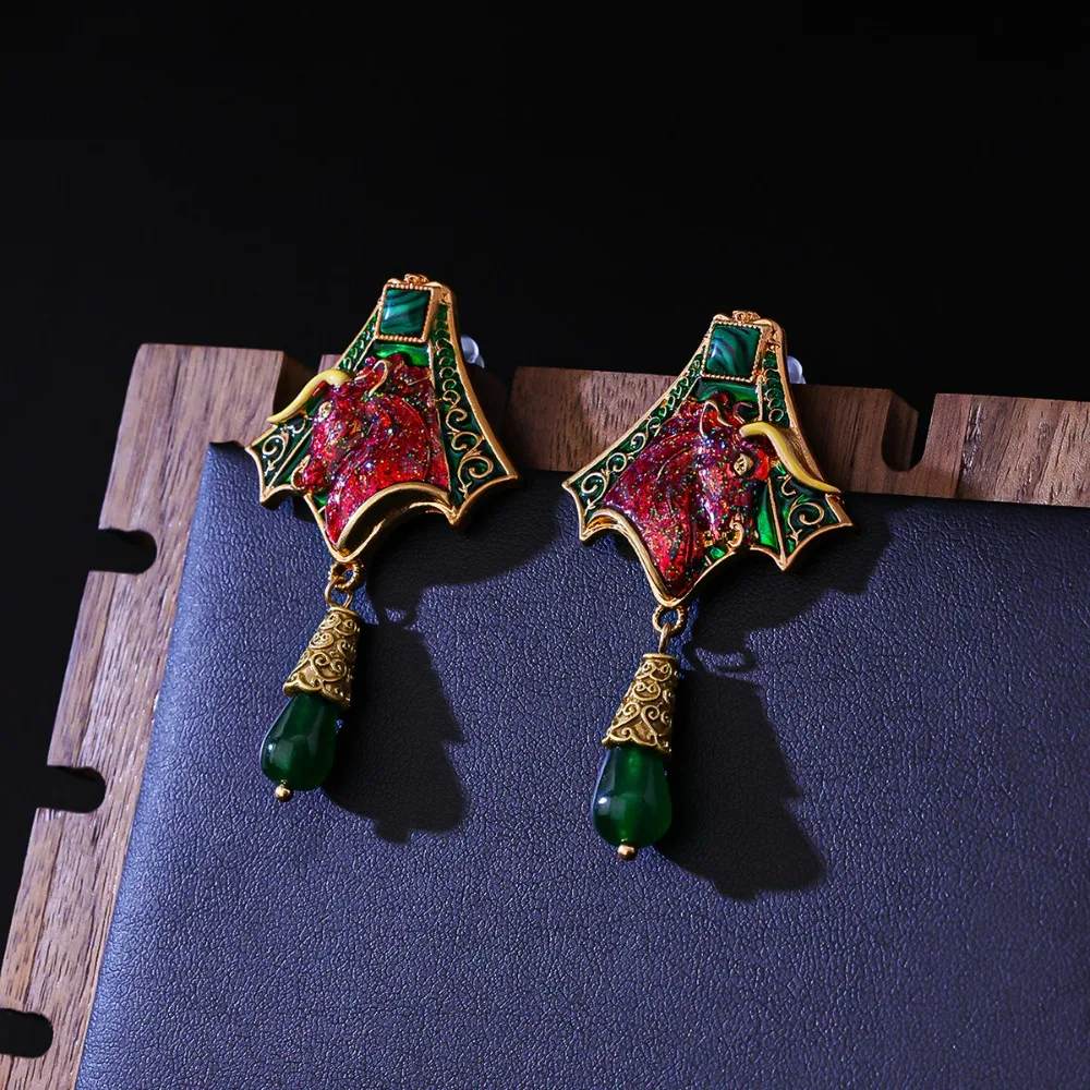2026 New Year New Chinese Style Bull Head Earrings, Retro Vintage, Middle-aged Light Luxury Natural Malachite Enamel Earrings