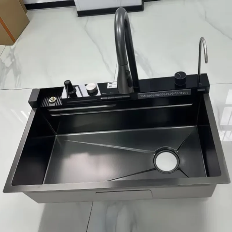 Digital Display Handmade Kitchen Sink 304 Stainless Steel 32 Inch Waterfall 5.0mm Panel Brushed Surface Heavy Duty Single Bowl
