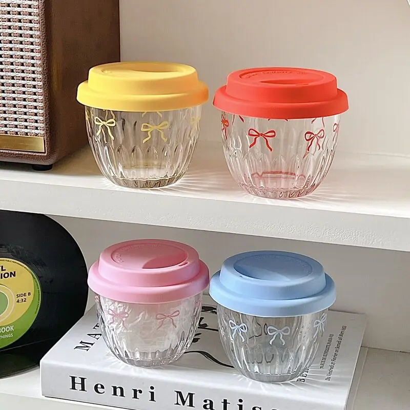 Cute Bow Pattern Vertical Coffee Cup with Lid and Cold Brew Cup, Small and Portable for Girls, Giving Gifts To Girlfriends