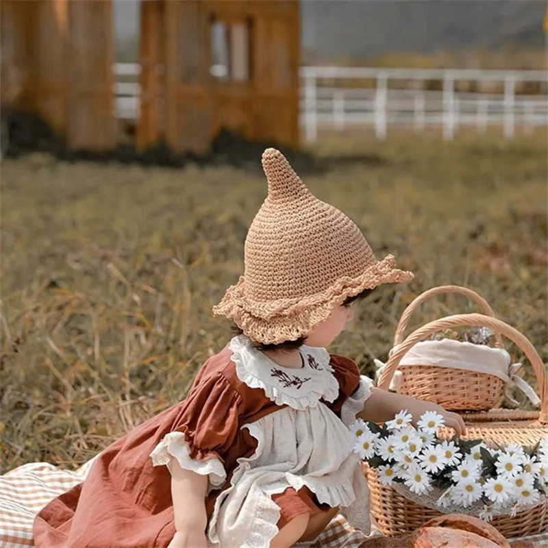2022 Fashion Cute Children Girl Princess Sunhats Point Top Outdoor Beach Holiday Summer Plaited Straw Magic Hat Cap for Kids
