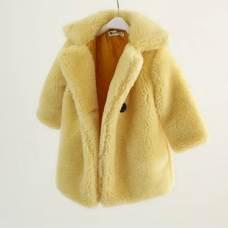 Autunno e inverno Nuovi bambini Abbigliamento Ragazze Cappotto in pelliccia sintetica solida Cappotto lungo in lana alla moda per bambini