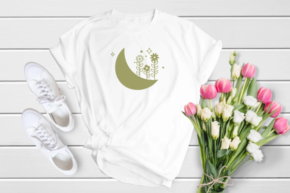 

Moon with flowers t shirt manifest gift ladies top gold fashion present women's