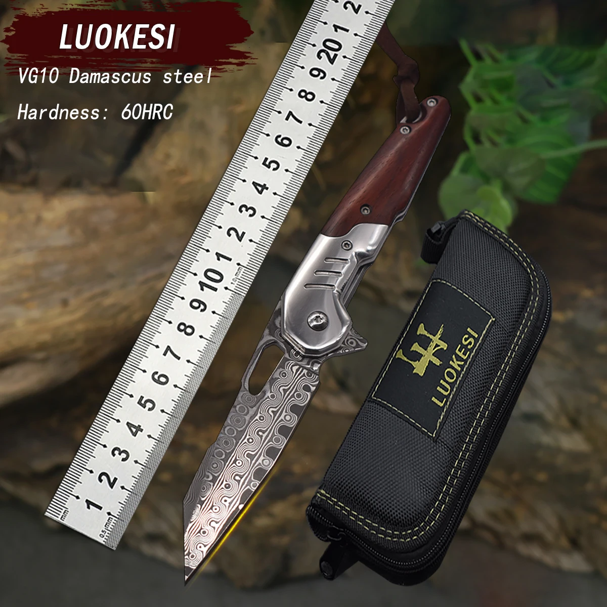 

VG10 Damascus Steel Rosewood Handle Folding Knife with Back Clip, EDC Portable Tool for Outdoor Camping & Fishing, Collection