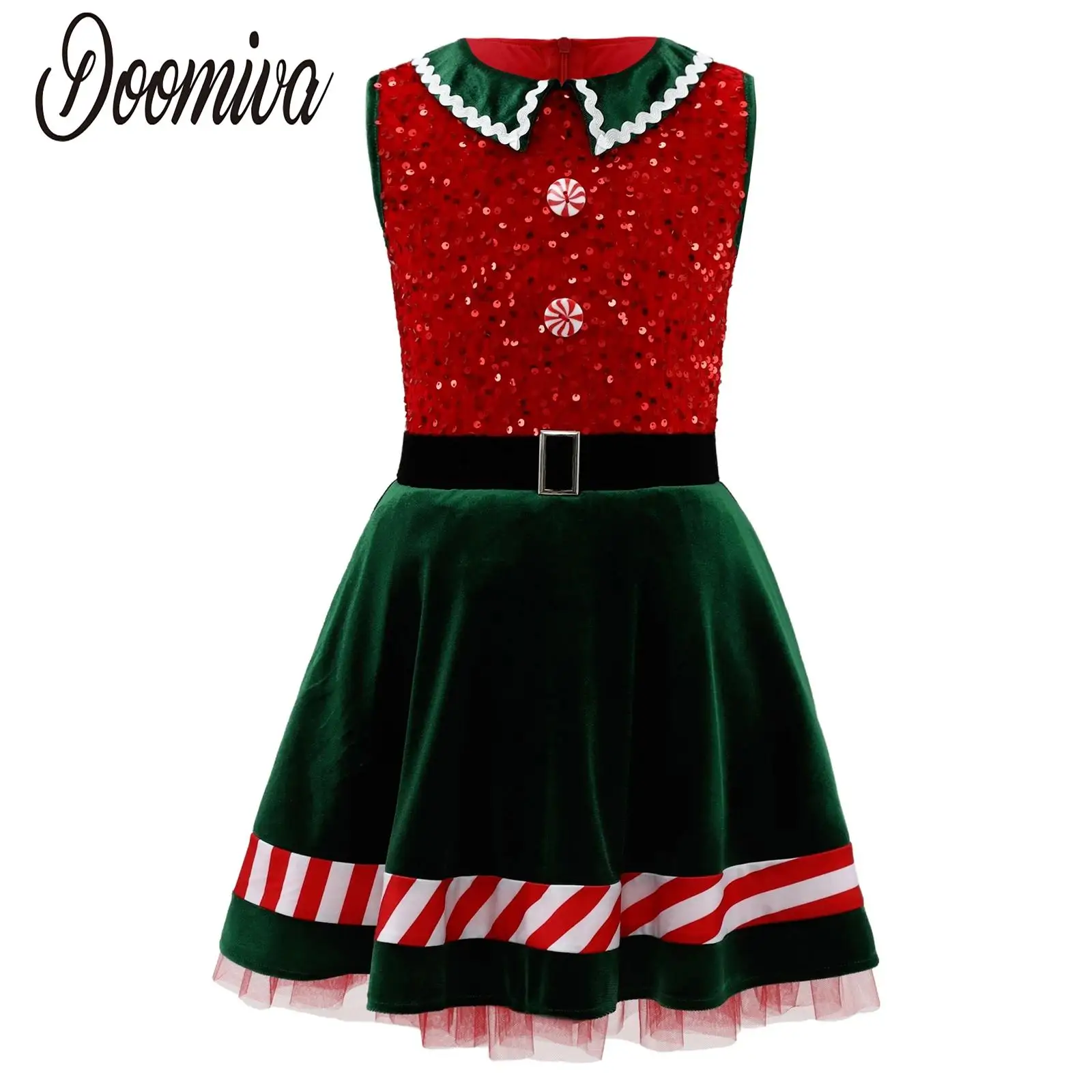 

Girls Christmas Santa Elf Costume Figure Skating Leotards Ballet Dance Dresses Sleeveless Zipper Sequins Dress for Xmas Party