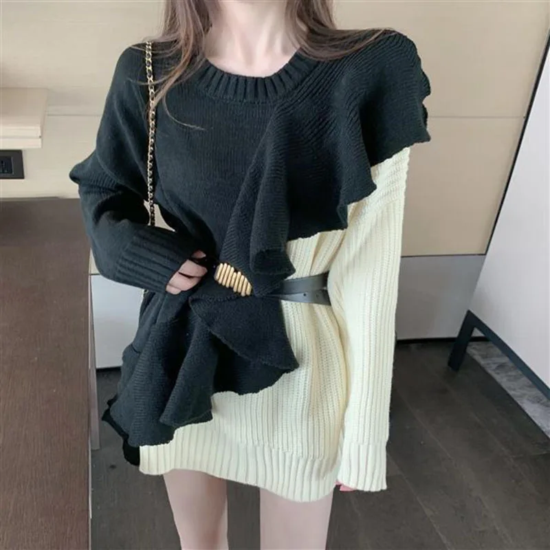 Gidyq Elegant Women Sweater Dress Korean Casual Female Belt Sexy Mini Dresses Autumn Cute Patchwork Knit A Line Dress New