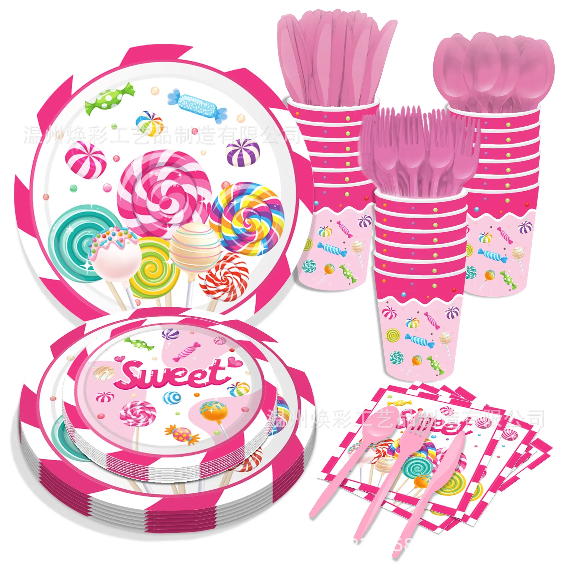 8Guests Pink Lollipop Disposable Tableware Sweet Candy Paper Plates Napkin Lollipop Theme Princess Happy Girl Birthday Party Dec