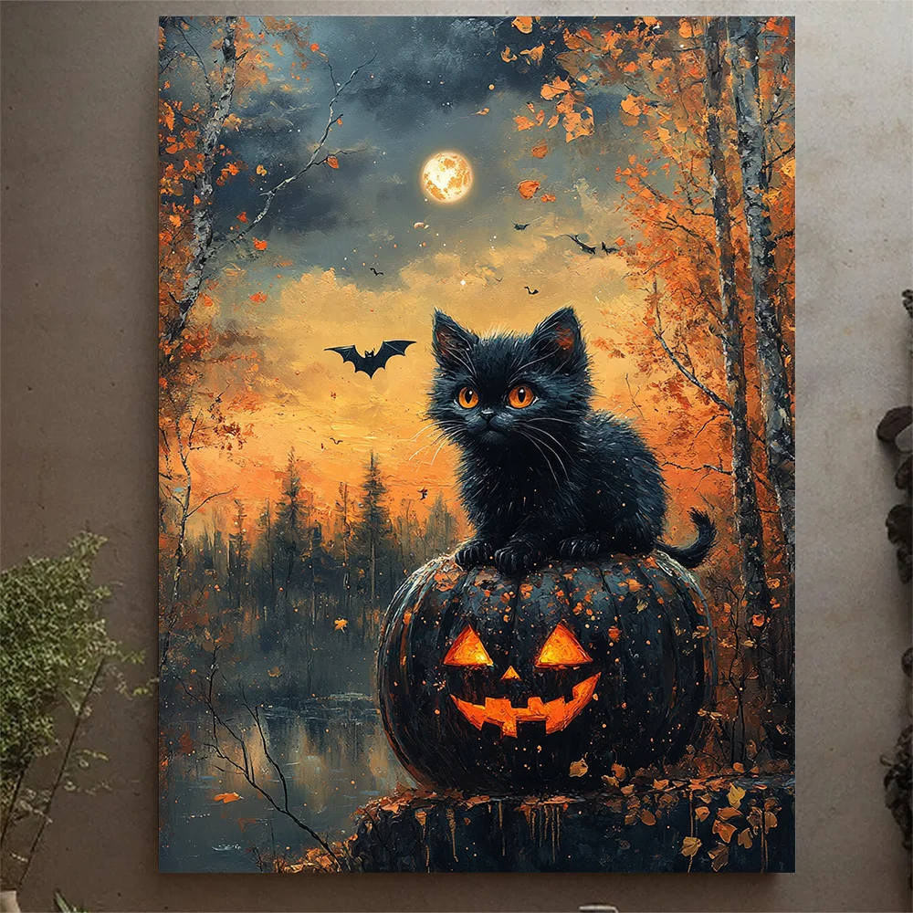 (No frame)1pc Framed Spooky Cute Bat & Jack-o-Lantern Canvas Wall Art - 12x16 Inch Wood Frame, Bat on Pumpkin with Full Moon