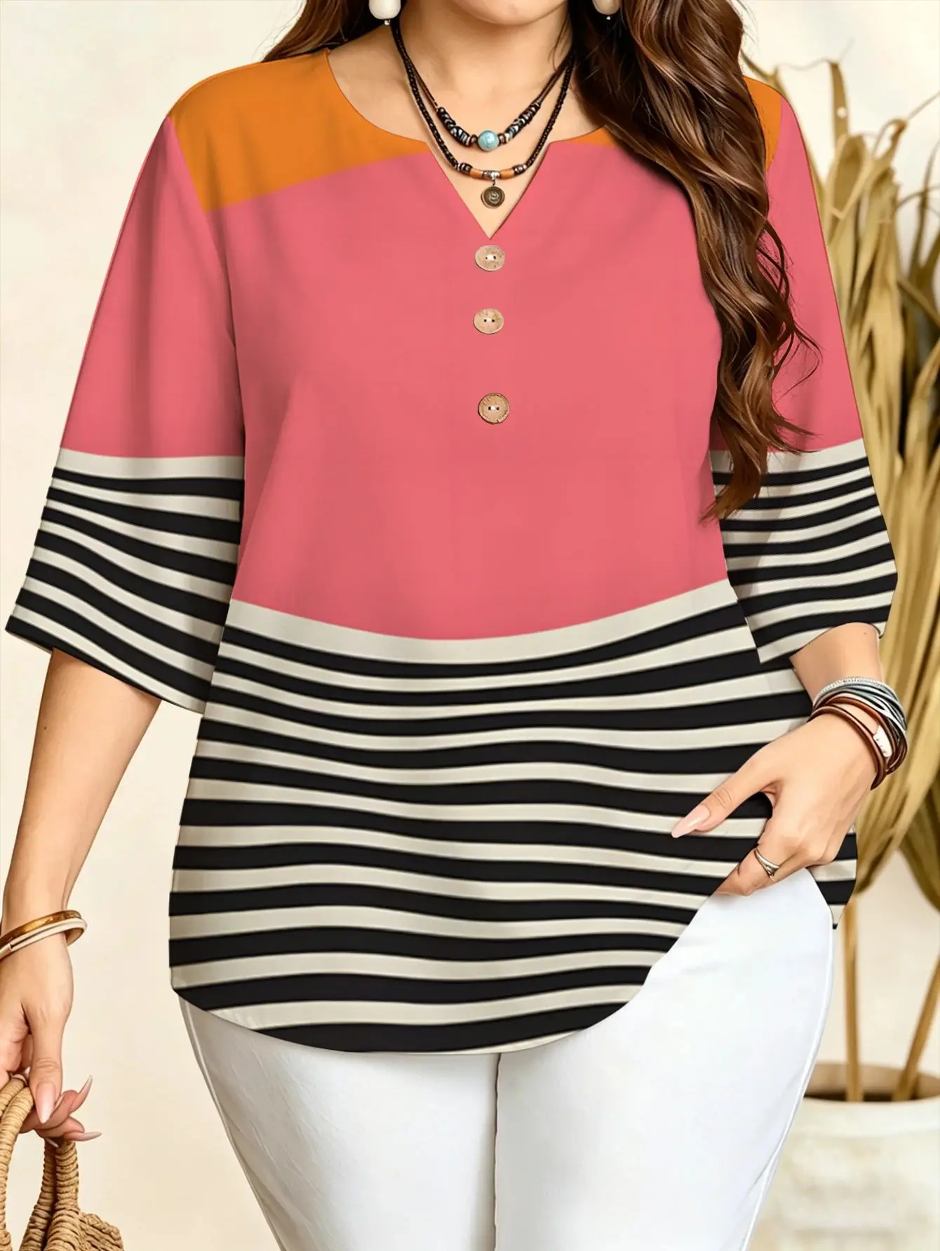 Plaid Stripe Cartoon Western Geometric 3D Print Women Blouse Notch V Neck Half Button 3/4 Sleeve Casual Daily Tops