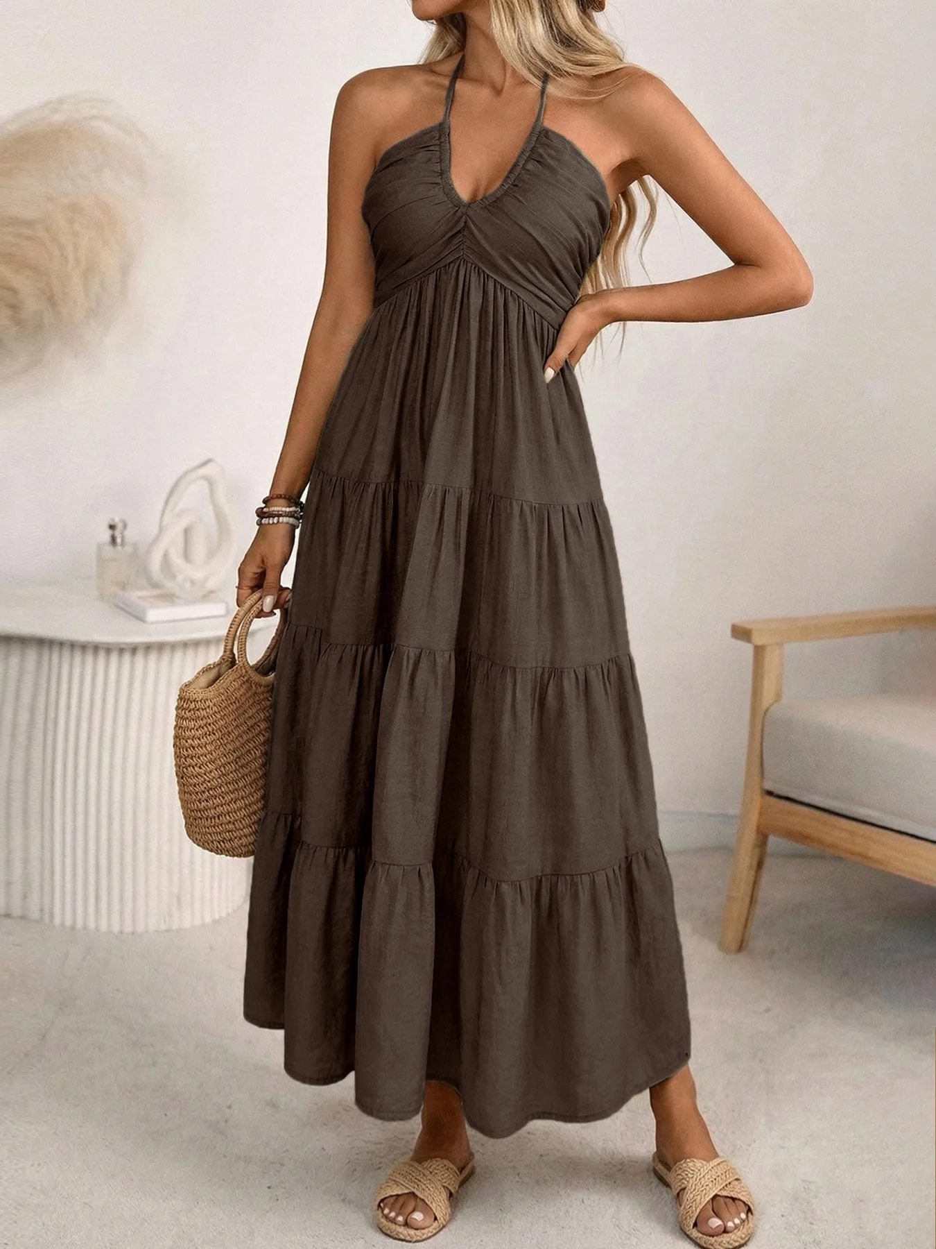 Boho Summer Beach Maxi Dress - Gaun Maxi Wanita Tanpa Lengan Model