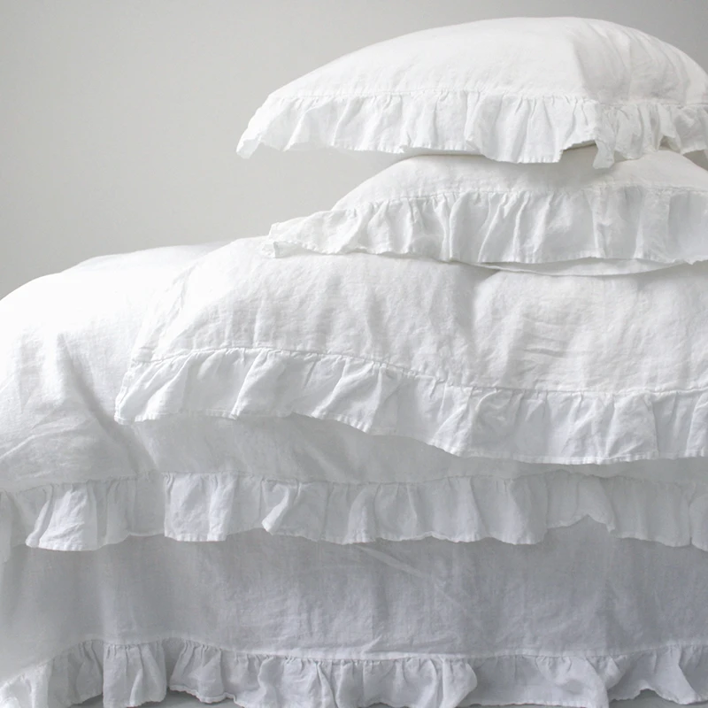 Ruffle Bedding Set, Queen Twin, 100% Linen White Duvet Cover Set, Shabby Chic Farmhouse,1 Quilt Cover 2 Pillow shams