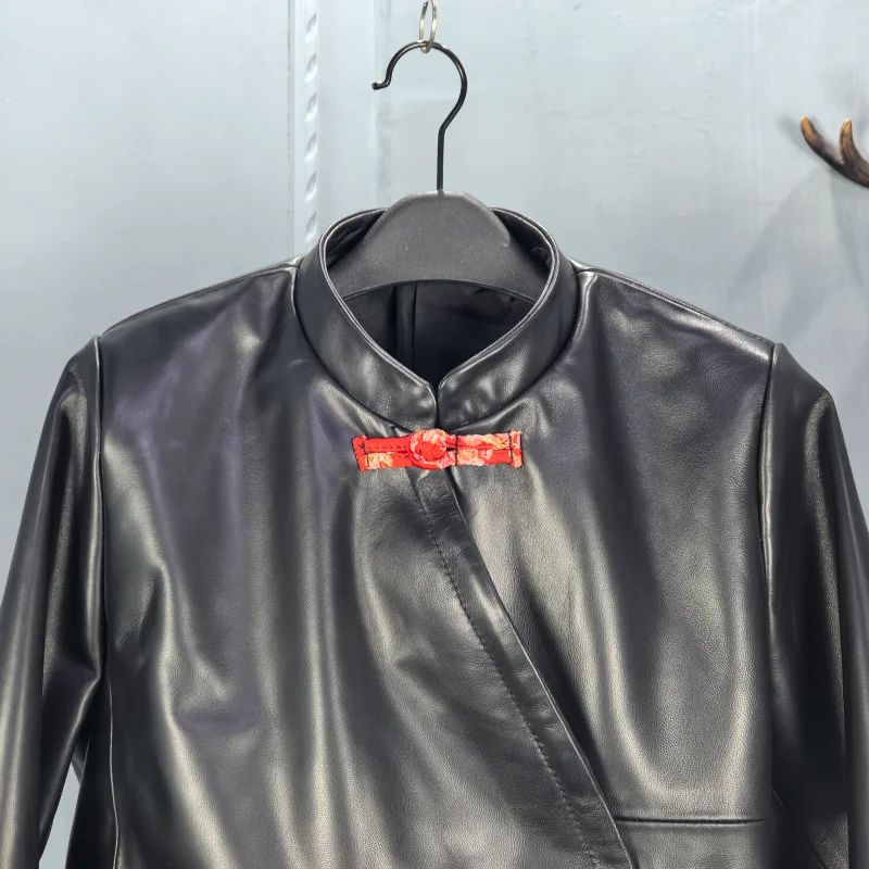 Giacca Primaverile 2026 da Donna in Pelle di Cuoio con Colletto Alto, Vestibilità Ampia, Sensazione di Alta Qualità, Nuovo Stile Cinese