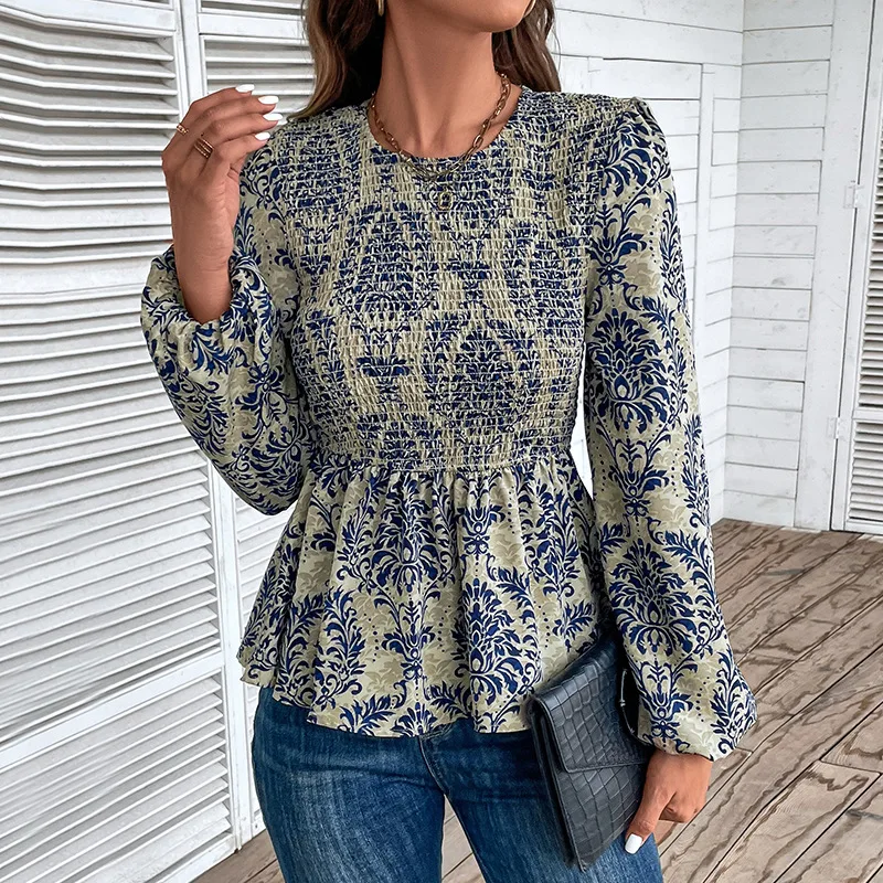 

Trendy Women's Shirts Printing 2024 Autumn O-neck Office Lady Blouses Long Sleeve Casual Top Personality Women Streetwear Tee