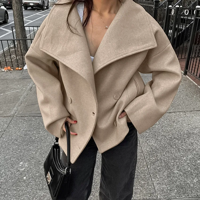 Lemongor Urban Commuter Fashion Solid Color Lapel Coat Long Sleeves Loose Double-breasted Casual Office Autumn Winter Overcoat