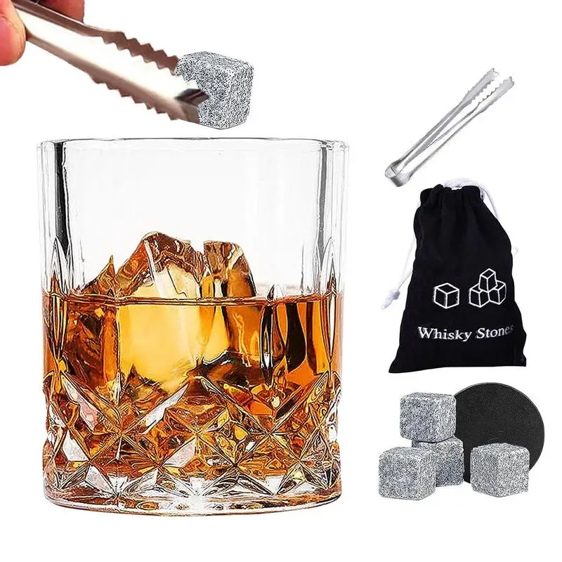 

Whiskey Glass Set with Reusable Bourbon Chilling Stones tongs and cupmat 4pcs in Wooden Box Fathers Day Gift Party tools