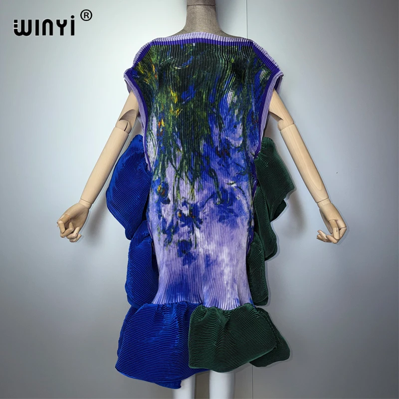 WINYI Maxi Kaftan Dress Dubai Style Pleated Elastic Puff Sleeves Beach Cover up Holiday Luxury Party Evening Gown