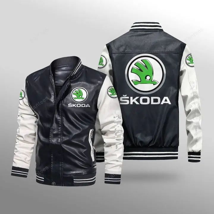 

European code new retro pu leather jacket Skoda LOGO loose fashion casual men's windproof jacket