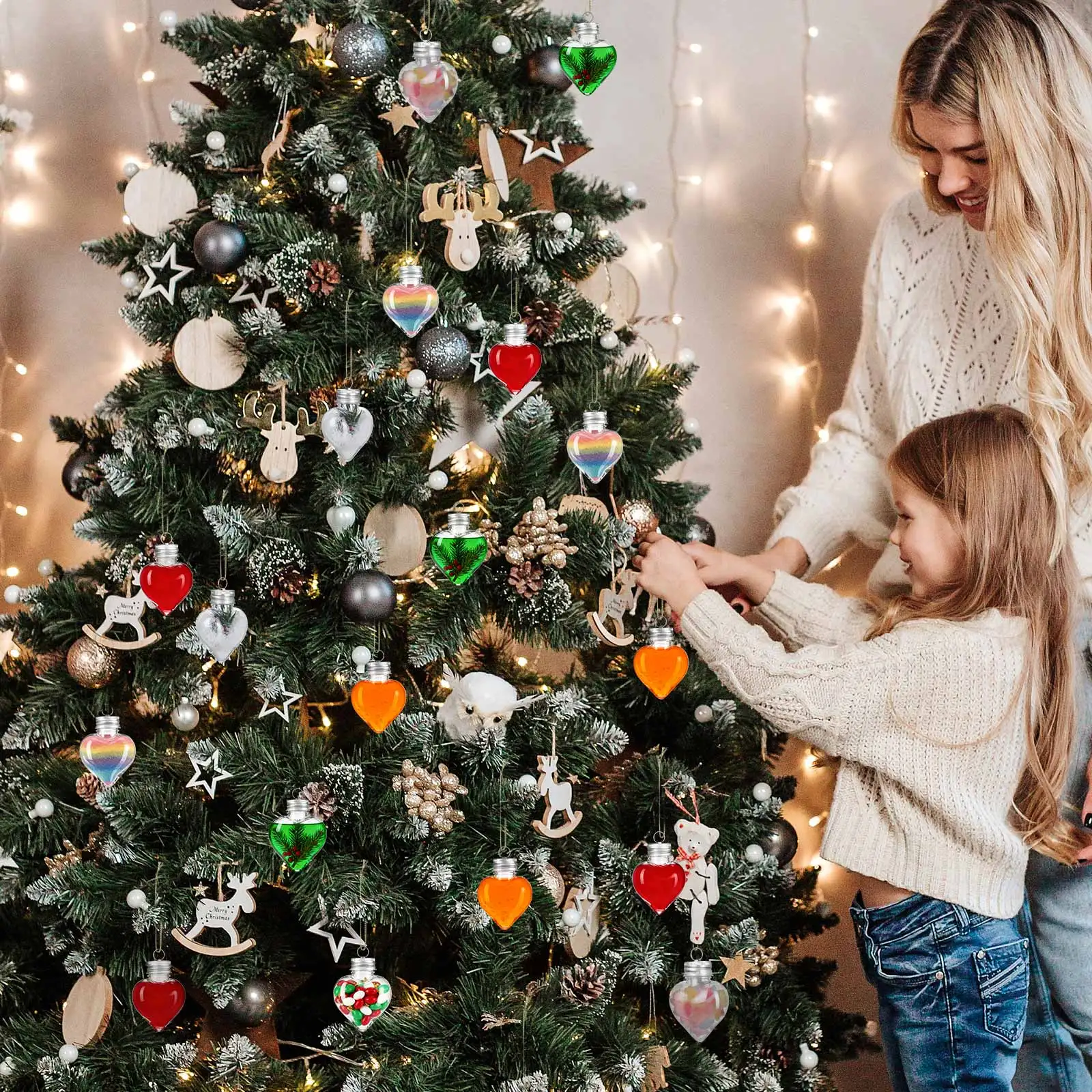 

20pcs Clear Heart Shaped Plastic Bottle 50Ml Hanging Loop Fillable Craft Baubles For Christmas Tree Decor Diy Candy Wishing