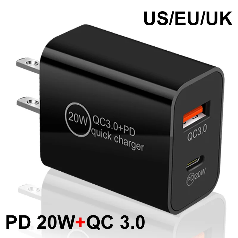 

US/EU 2 types Plug Socket AC 20W Wall Charger provide USB 3A and PD 20W Type C+QC 3.0/4.0 2 kinds prots for Phone Tablet SamSung