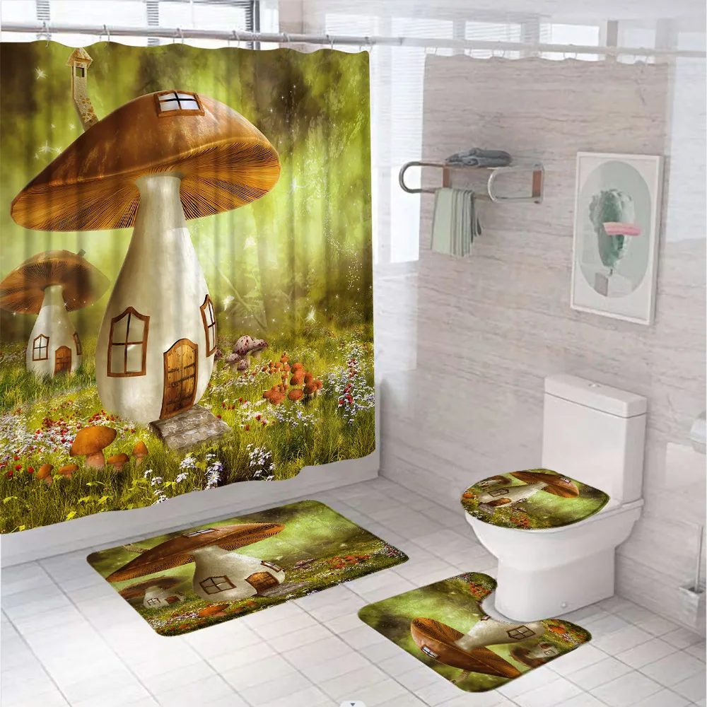 3D Psychedelic Mushroom Shower Curtain Sets Fantasy Forest Fairy Tale Bathroom Curtains Non-Slip Bath Mat Rug Lid Toilet Covers