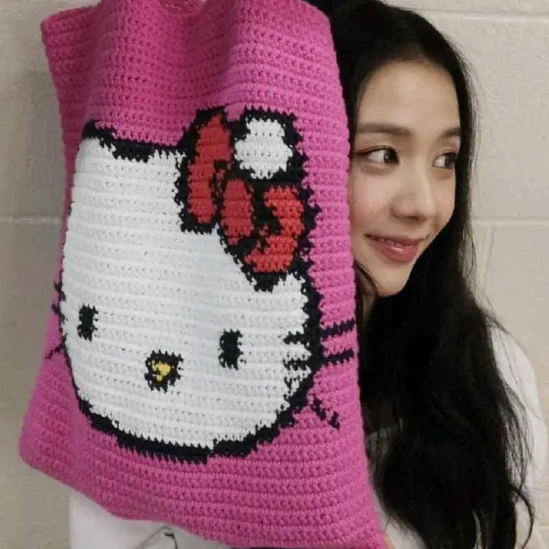 Sanrio Animation Hello Kitty Cute Shoulder Bag Kawaii Y2K Handmade Knitted Bag Cartoon Fashion Shoulder Bag Girl Birthday Gift