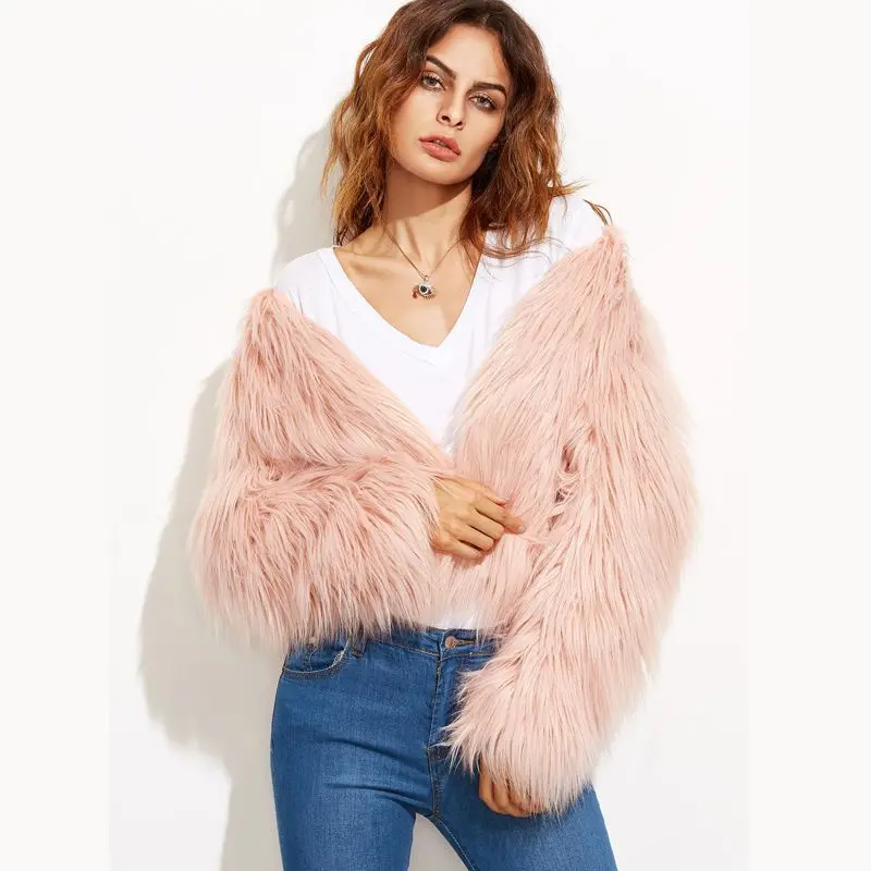 Furry Fur Coat Women Fluffy Warm Long Sleeve Outerwear Autumn Winter Coat Jacket Hairy Collarless Coat