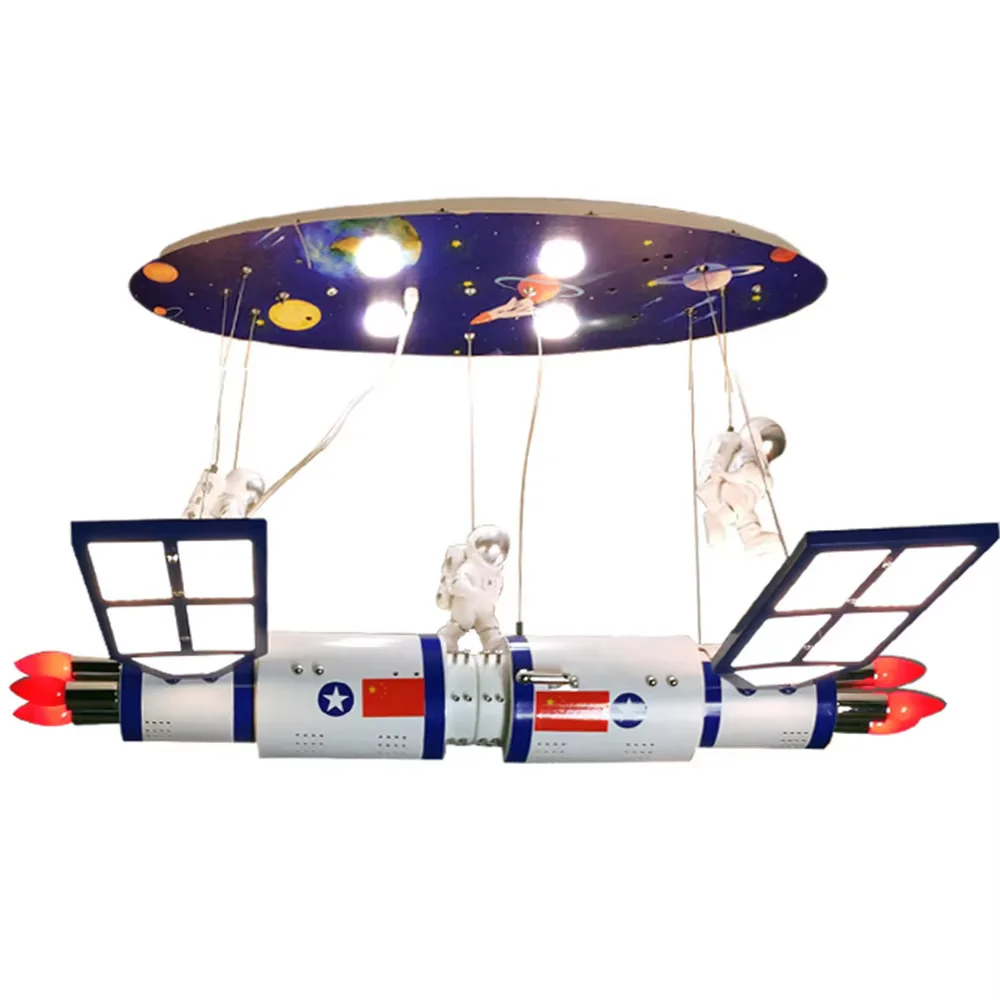 Creative Kids Space Satellite Astronaut Led Chandeliers Nursery Restaurant Bedroom Decoration Boys Art Hanging Lighting Fixtures