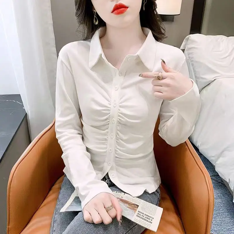 Fashion Lapel Button Asymmetrical Folds Shirt Female Clothing 2023  Autumn New Loose Casual Tops Office Lady Blouse