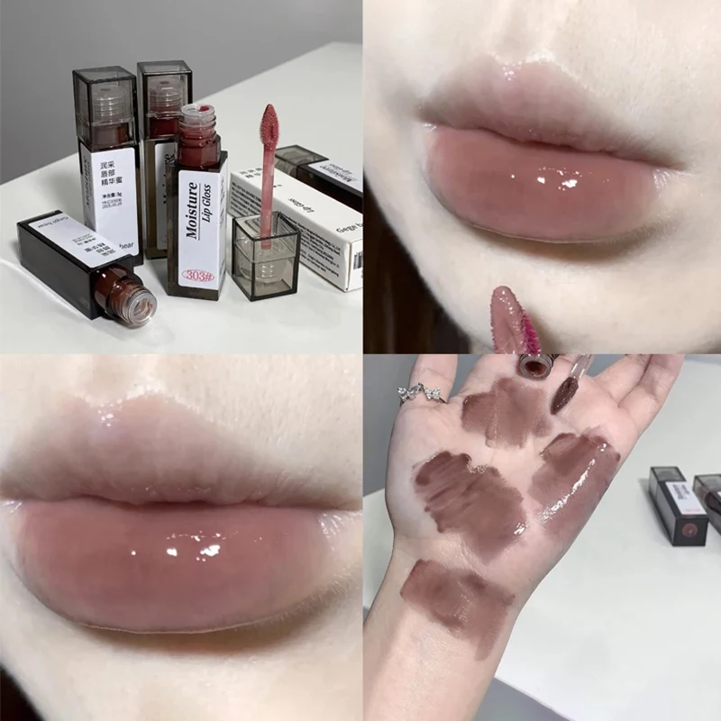 Nude Grey Mirror Lip Glaze Lip Oil Clear Water Light Lip Gloss Crystal Lip Tint Lasting Non-stick Cup Punk Smoky Liquid Lipstick